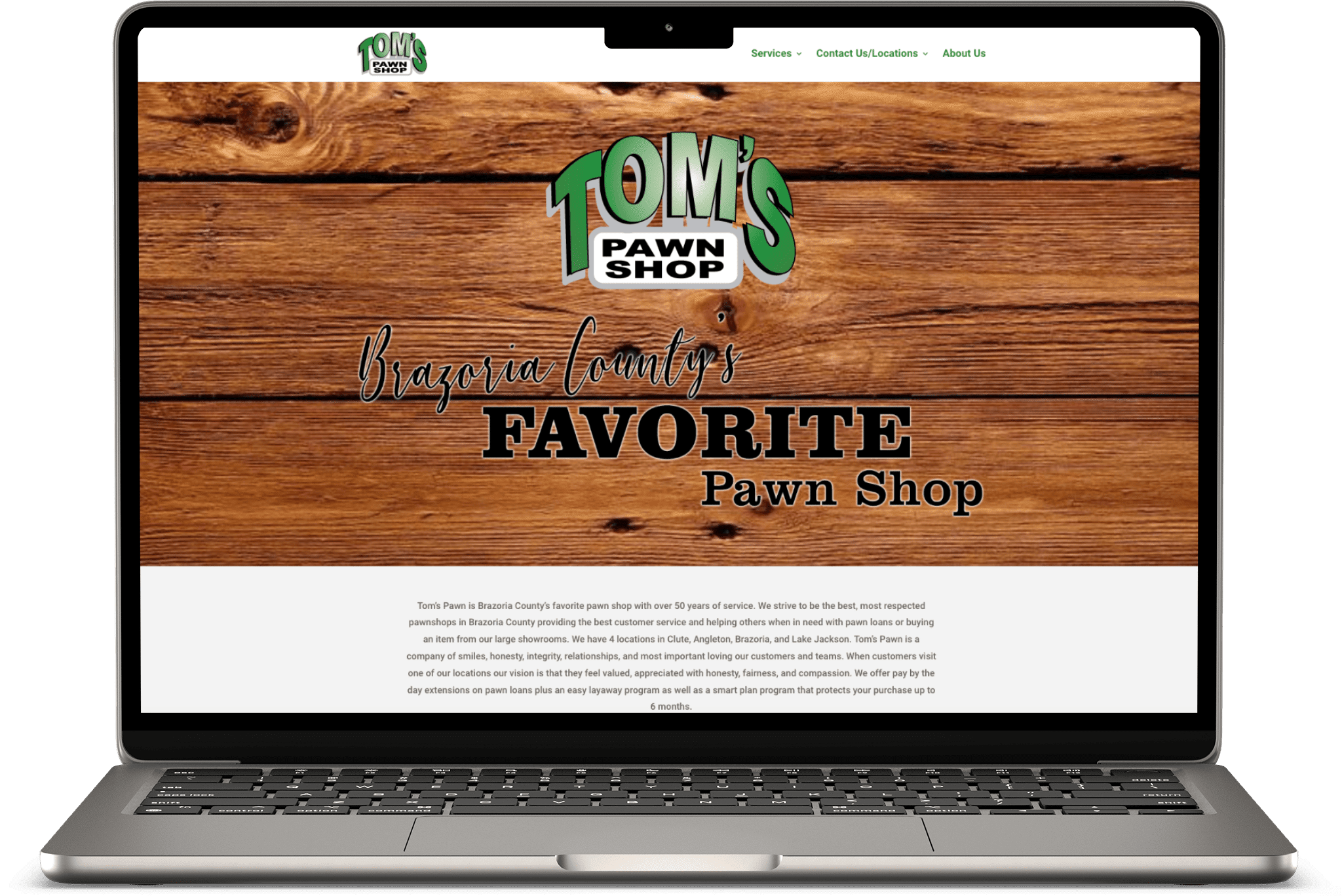 Tom's Sport Shop - A laptop with important SEO keywords on it.